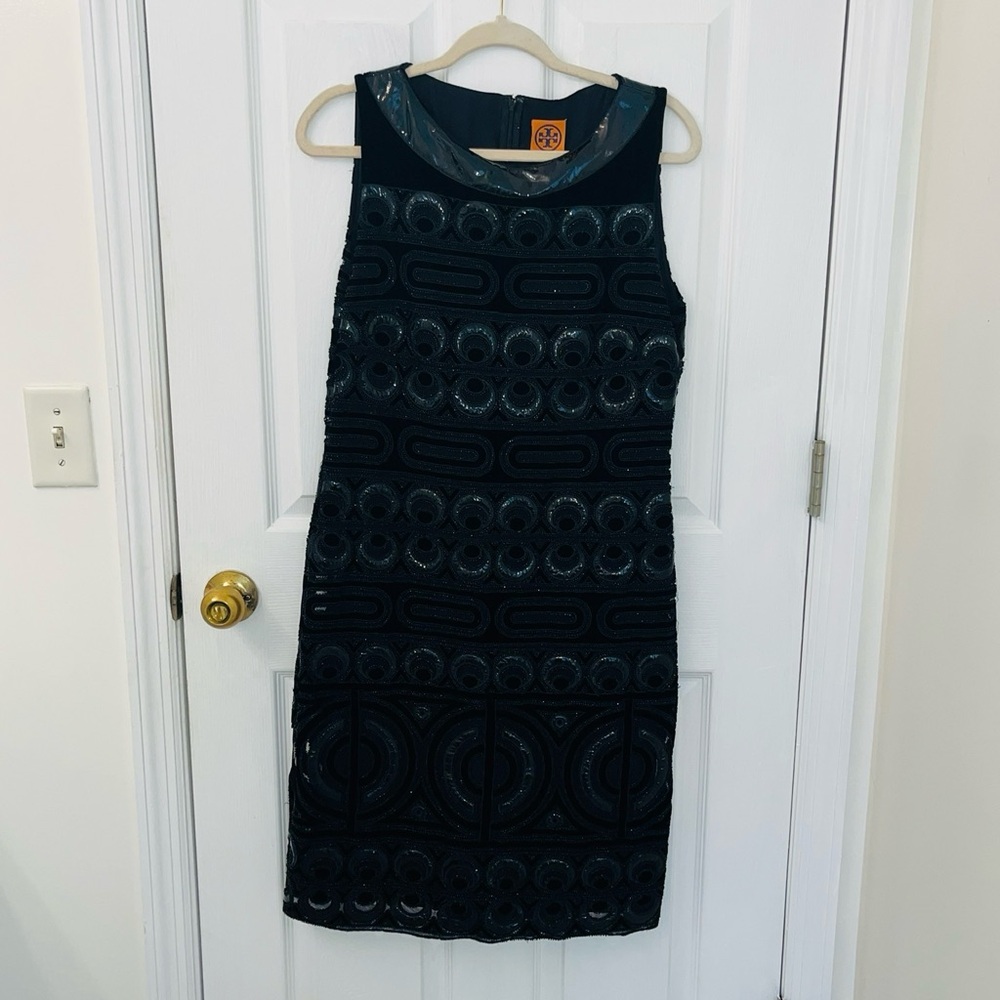 AUTHENTIC Tory Burch Black Beaded Cocktail Midi Dress Velvet Patent Leather Trim